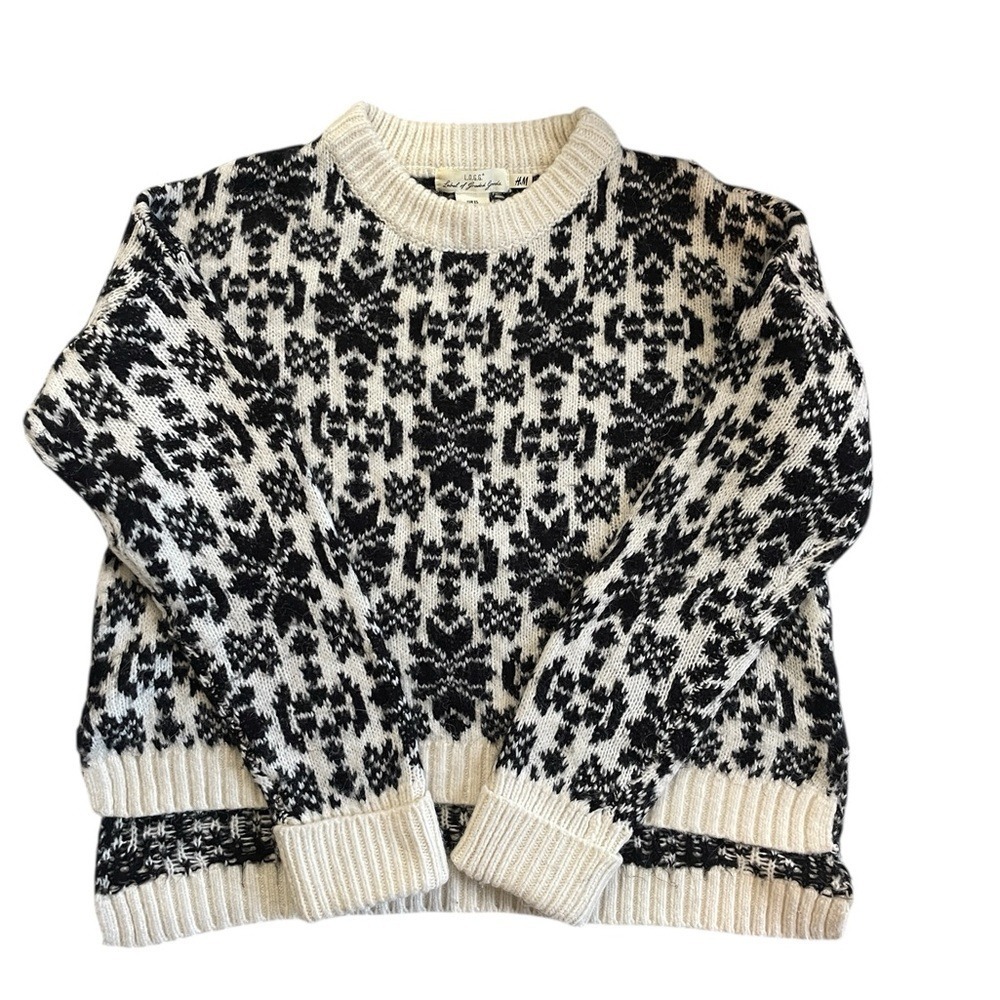 Black White Fair Isle Alpaca Blend Sweater Oversized Size XS H&M LOGG